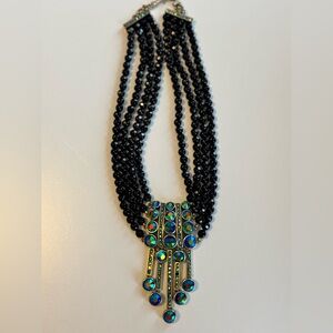 Heidi Daus aurora borealis necklace black peacock blue green euc